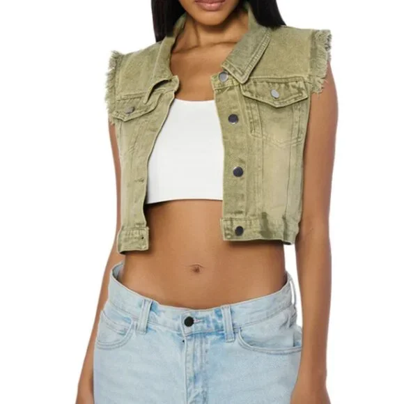 Callie Lives Miz Stone Washed AKIRA Olive Denim Crop Vest S M L XL - Picture 6 of 7